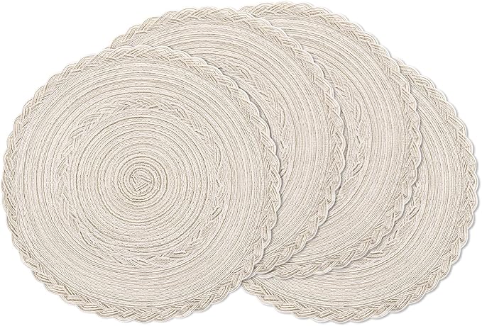 SHACOS Round Placemats Set of 4 Boho Braided Border Table Place Mats for Dining Table Wedding Holiday Party (Ivory Bordered, 4)