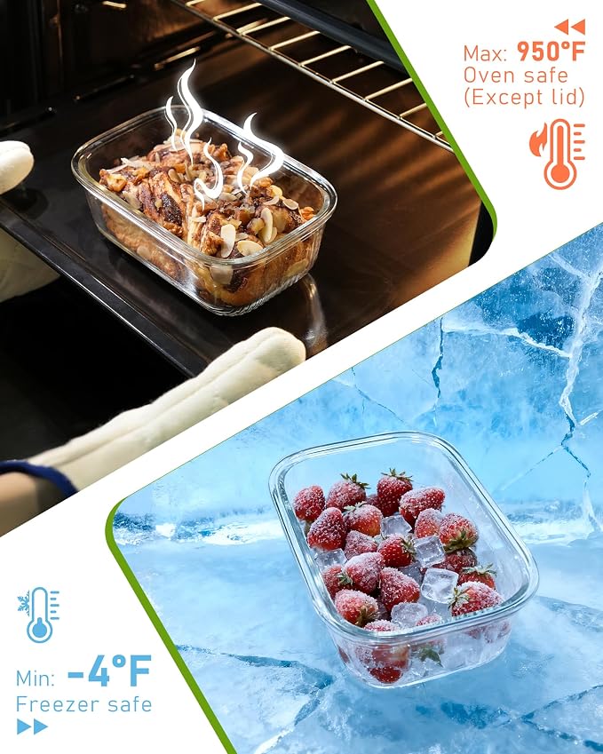 4-Pack Glass Container Set (2x 4.7 Cup & 2x 9.3 Cup), Ultimate Food Storage & Meal Prep with Easy-Open Valve, Tempered Glass Lids, Leakproof, Freezer to Oven Safe