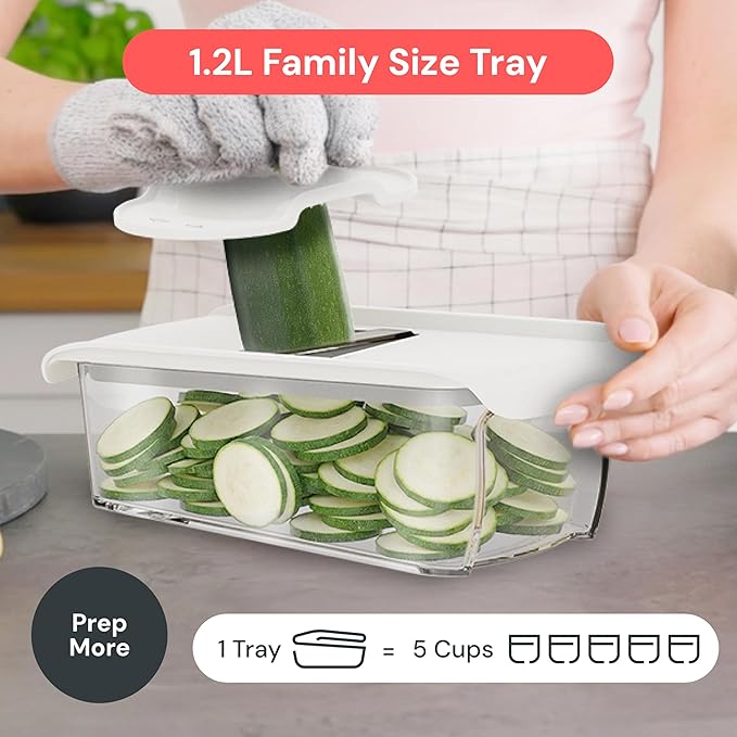 Fullstar Pro Mandoline Vegetable Slicer, Grater & Spiralizer with Container | 11 in 1 Fruit Cutter, Cheese Grater & Spiralizer with Safety Gloves, Stainless Steel Blades & Container (White)
