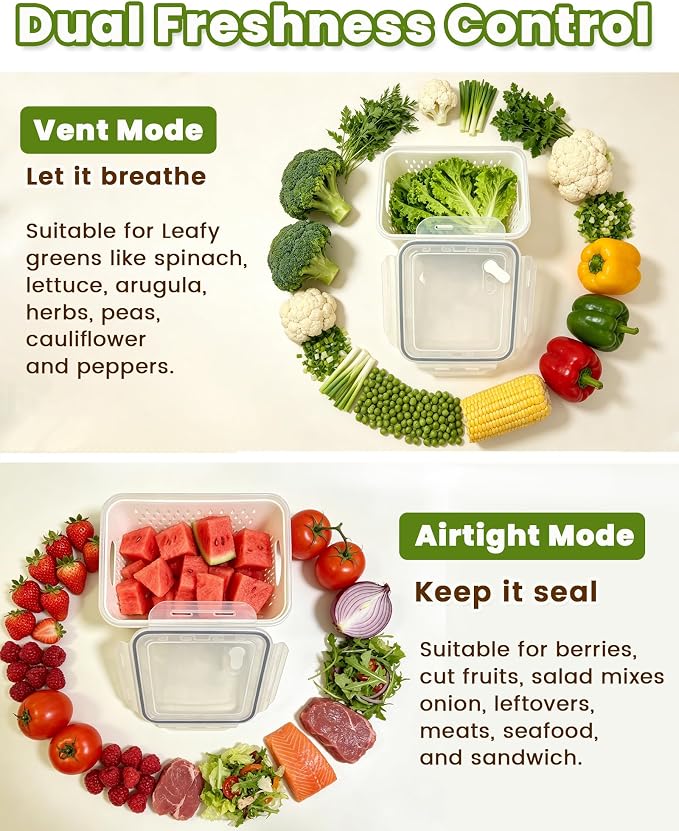 TBMax 8 Pieces Airtight Fruit Storage Containers for Fridge with Air Circulation Vent, 4 Pack Produce Saver with Colander for Berry Lettuce Salad Vegetable Storage, Refrigerator Organizers- Green