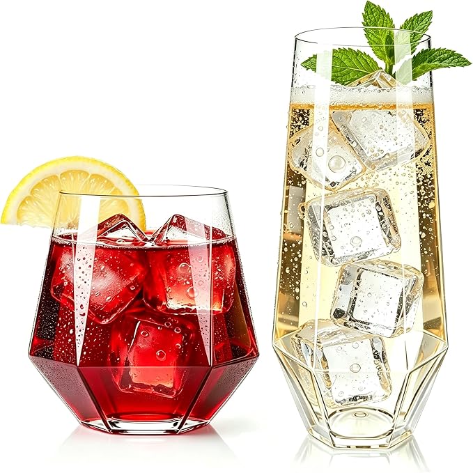 Lueumxc 56 Pack Plastic Wine Glasses Disposable Diamond Champagne Flutes, 32 Pcs 9 OZ Stemless Champagne Flutes & 24 Pcs 12 OZ Disposable Wine Glasses, BPA-Free