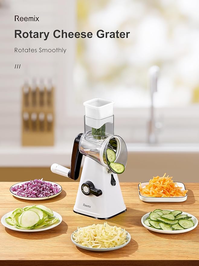 Rotary Cheese Grater with Handle, Reemix Vegetable Cheese Grater | Shredder Slicer Grater for Kitchen 3 Changeable Blades for Cheese Potato Zucchini Nuts Chocolate (White)