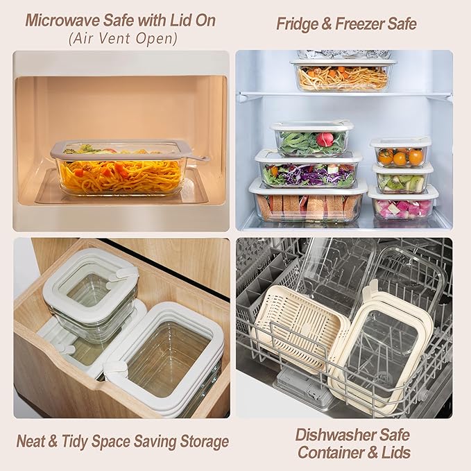 Glass Food Storage Containers with Glass Lids, Microwave Safe Food Container Set, Aitight Meal Prep Container Set, BPA Free, 3 extra Colanders, LeakProof, 3 Pack of 35oz