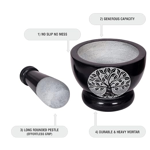 Mortar and Pestle, Made of Heavy Duty Polished Hard Stone, Natural Stone Grinder for Spices, Pastes, Herbs, Seasoning etc. (Tree of Life)