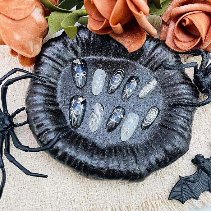 30Pcs Gothic Silver Chrome Press On Nails Short Almond Black Fake Nails with 3D Star Bow Design Metallic Punk Glue On Nails Y2K Acrylic Full Cover False Nails Goth Handmade Stick on Nails for Women