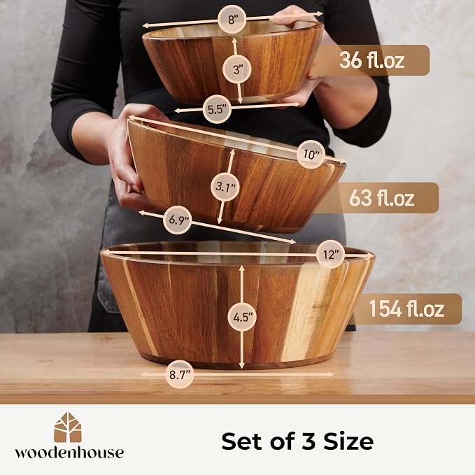 Wooden Salad Bowl Set of 3, Round Wood Bowls for Serving | Large, Medium & Small – Handmade, Durable & Stylish Natural Dining Accessory
