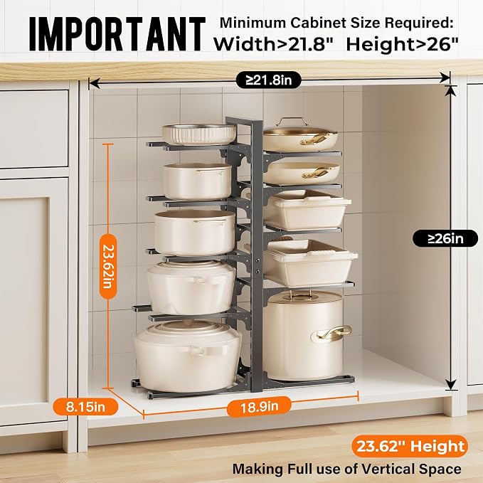 MUDEELA 10-Tier Pots and Pans Organizer under Cabinet, 23.62" H Heavy Duty | Adjustable Pot Rack for Frying Pan, Cast Iron Skillet, Tool-Free Assembly, For Kitchen Cabinets, Shelves and Countertops