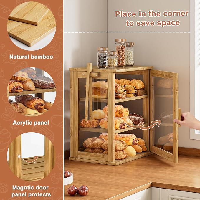 WOWLIVE Bread Box for Kitchen Countertop, 3 Layers Bread Storage Container | Large Bamboo Bread Bin for Homemade Bread with Window, Farmhouse Breadbox Organizer for Kitchen, Cabinet, Natural, Meduim