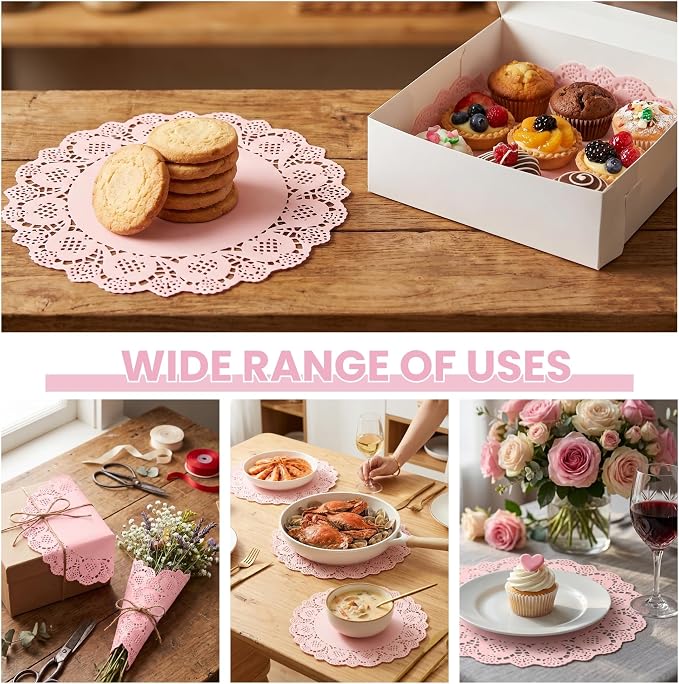 100 Pack 13.5 Inch Round Pink Paper Doilies, Disposable Lace Placemat | Rustic Scallop Doily Table Pads, Heavy-Duty Paper Place Mats for Cakes, Crafts, Parties, Weddings, Buffet, Home Decor