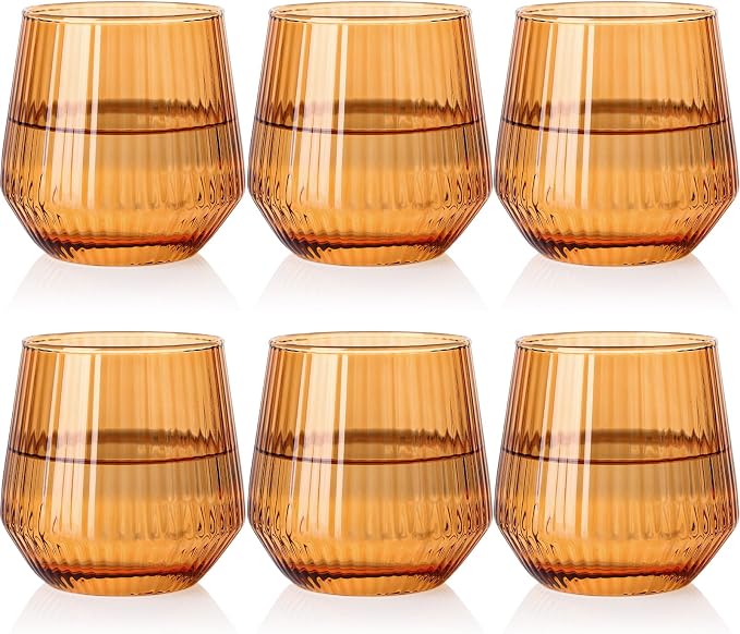 Amber Stemless Wine Glasses Set of 6, 12.5 Oz Lead-Free Ribbed Drinking Glass Cup for Wine, Cocktails, Champagne and Whiskey, Ideal Gifts for Weddings, Bars, Christmas, Halloween,Party, Daily Use