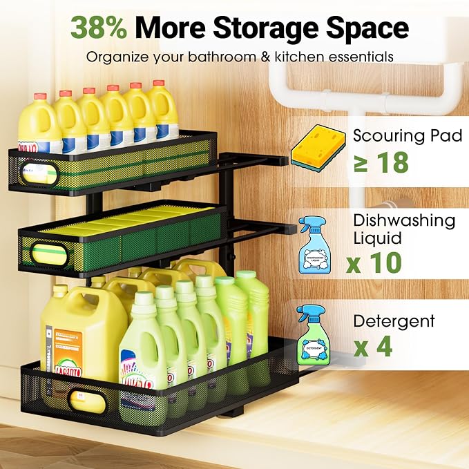 Under Sink Organizer 3 Tier, 4 Pack L-Shaped Pull-Out Cabinet Organizer with Sliding Metal Mesh Drawers, Height Adjustable Under Sink Storage Rack for Kitchen Bathroom Cabinet, Black