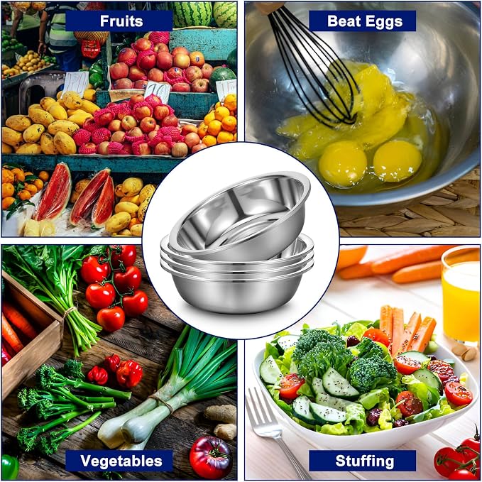 4 Packs Large Stainless Steel Mixing Bowl, 8 Quart Metal Mixing Bowls Prep Bowls,Extra Large Basin Salad Basin Deeper Edge Dishwasher Safe Mirror Finish for Home and Commercial | 13 Inch
