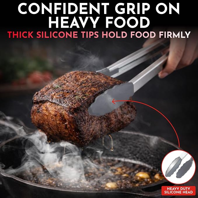 Kitchen Tongs - 12, 9 & 7 Inch Locking Silicone Tongs for Cooking, Set of 3 | Grey Tongs with Silicone Tips, Heat Resistant Tongs for Grilling, Serving, Mixing