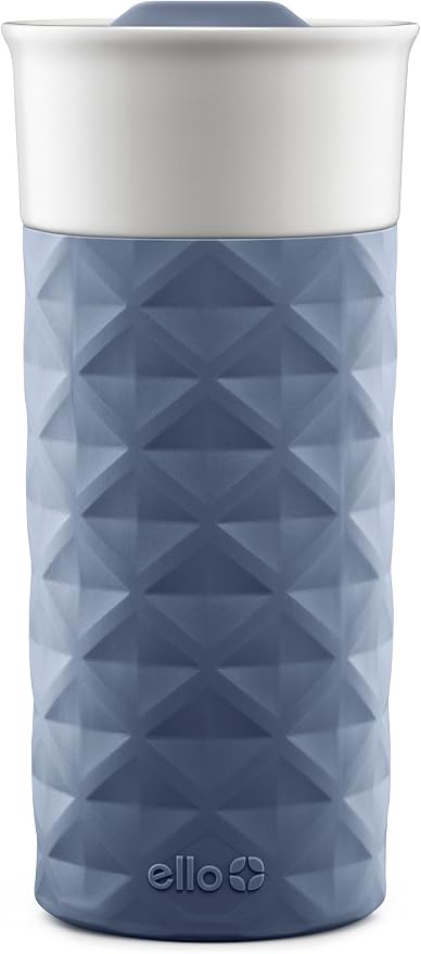 Ello Ogden BPA-Free Ceramic Travel Mug with Lid, Evening Blue, 16 oz | Splash-resistant ceramic travel mug with slider lid and protective silicone sleeve. BPA-free, great for coffee and tea.