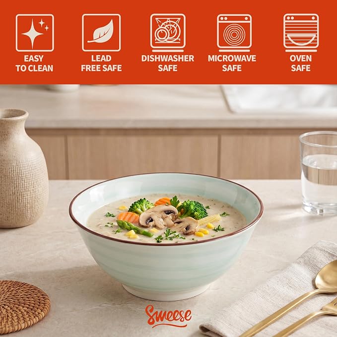 Sweese 18 oz Ceramic Soup Bowls Set of 6, Blue Pasta Bowls for Ramen, Salad, Noodles, Cereal and Soup, Stackable Serving Bowls for Everyday Meals