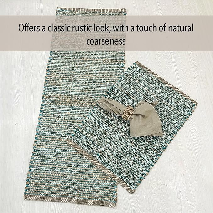 Natural Jute Table Runner 13x36 Inch – Vintage Boho Rustic Table Decor – Handwoven Table Runner in Natural Jute and Aqua Turquoise – Farmhouse Dining or Console Table Accent