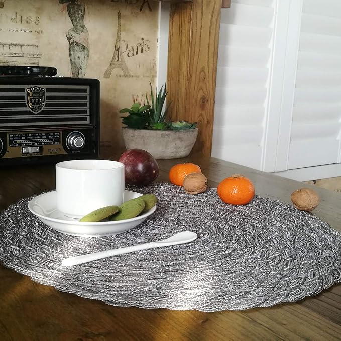 Topotdor Round Placemats Heat-Resistant Stain Resistant Anti-Skid Washable Polyproplene Table Mats Placemats (Braided-Gray, Set of 4)