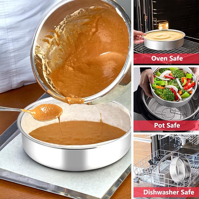 P&P CHEF 8 Inch Cake Pan Set of 4, Stainless Steel Round Cake Pans Tins | Baking Round Cake Bakeware for Birthday Wedding, Leak-proof & Mirror Finish & Easy Releasing, Dishwasher Safe