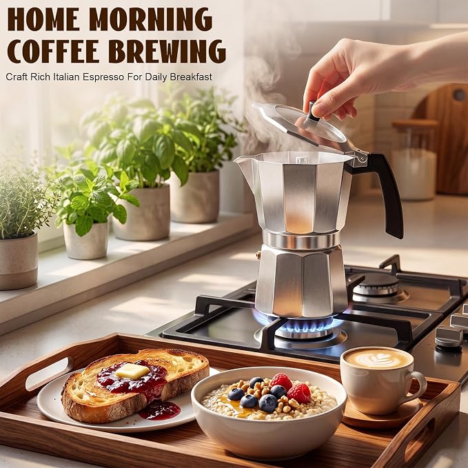 2 Pack Stovetop Espresso Maker 450ml 9 Cup Moka Pot, Classic Silver Aluminum Coffee Maker, Italian Machine for Gas or Electric Stove, Rich Espresso Cappuccino Latte