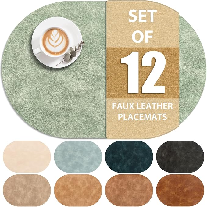 ADRIMER Placemats, Heat Resistant Oval Placemats Set of 12 Washable 12 x 17 Inch, Waterproof Table Mats, Wipeable Pu Place Mats for Kitchen, Dining Room, Green