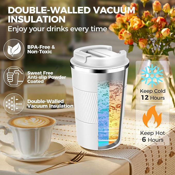 Volhoply 13 oz Stainless Steel Insulated Travel Coffee Mug with Fip Lid Bulk 4 Pack,Reusable Double Wall Vacuum Metal Coffee Cup,Portable Leak Proof Thermal Tumbler for Hot & Cold Drinks(White,4)