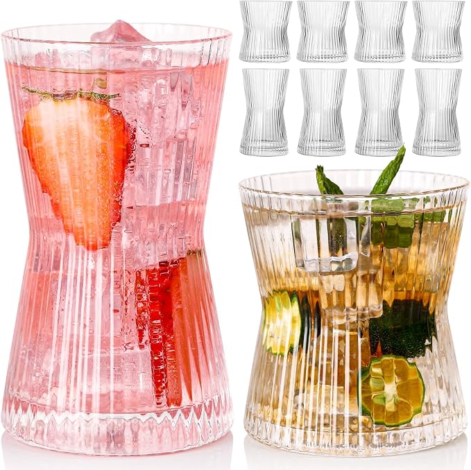 JOVGANK Drinking Glasses Set of 8 – Lead-Free Crystal Glassware, 4 Tall 10oz & 4 Short 8.5oz Vintage Ribbed Tumbler Glasses, Dishwasher Safe, for Juice Beer Cocktails, Great Housewarming Gift, Set B