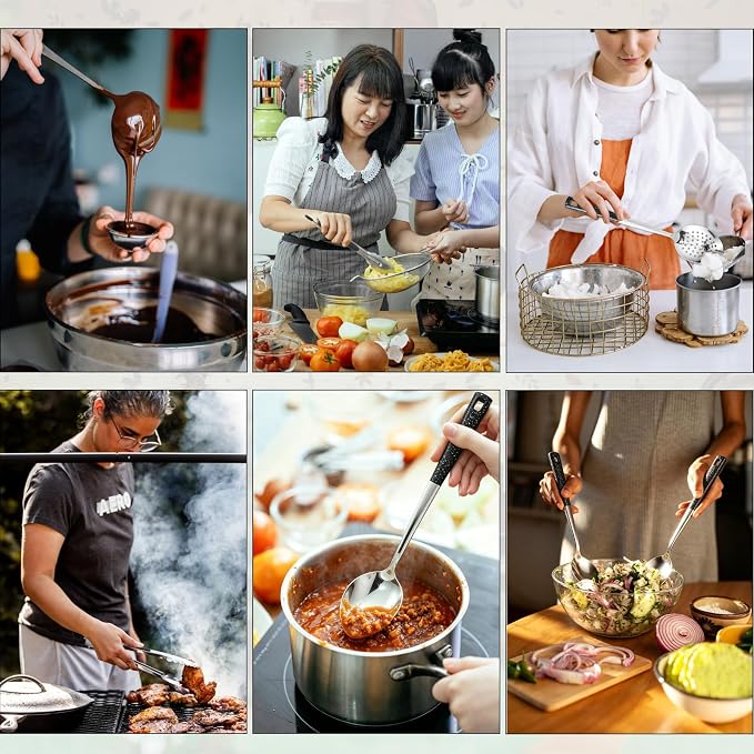 7 Pcs Stainless Steel Serving Spoon and Kitchen Cooking Utensils Set | Large Metal Spoon Soup Ladle Slotted Spoons Tongs for Buffet Catering, Heat Resistant Handle, Dishwasher Safe