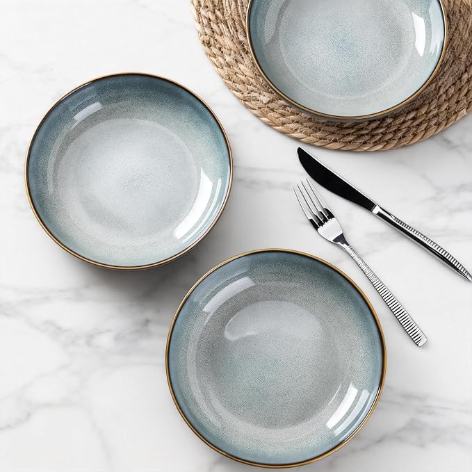 AmorArc 8.5’’ Ceramic Pasta Bowls Set of 4, 36oz Large Stoneware Bowls Set | Large Dinner Serving Bowls Set, Wide Bowl Plate for Pasta,Salad, Soup, Microwave Safe, Reactive Glaze-Ocean Blue