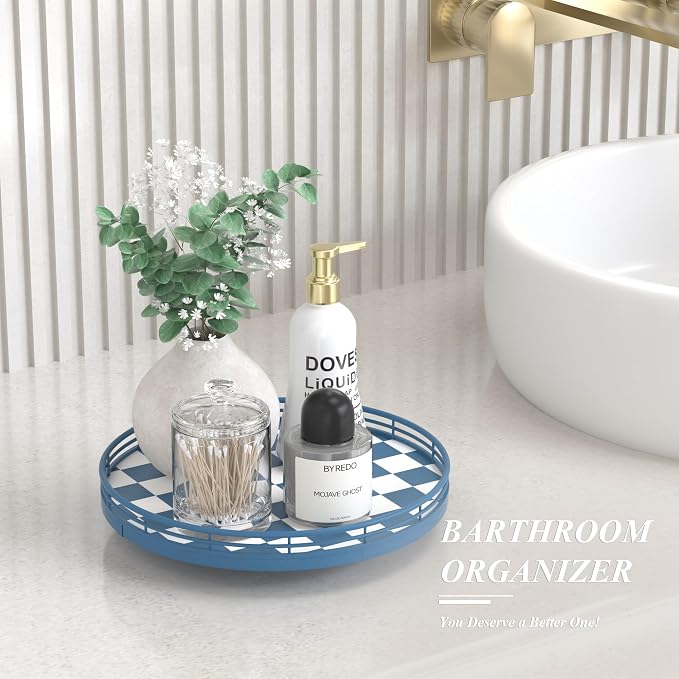Blue and White Checkerboard Lazy Susan with Rubberwood Base and Metal Rail | Smooth rotating oak tray with walnut finish for dining tables, kitchen counters, pantries and cabinet storage.