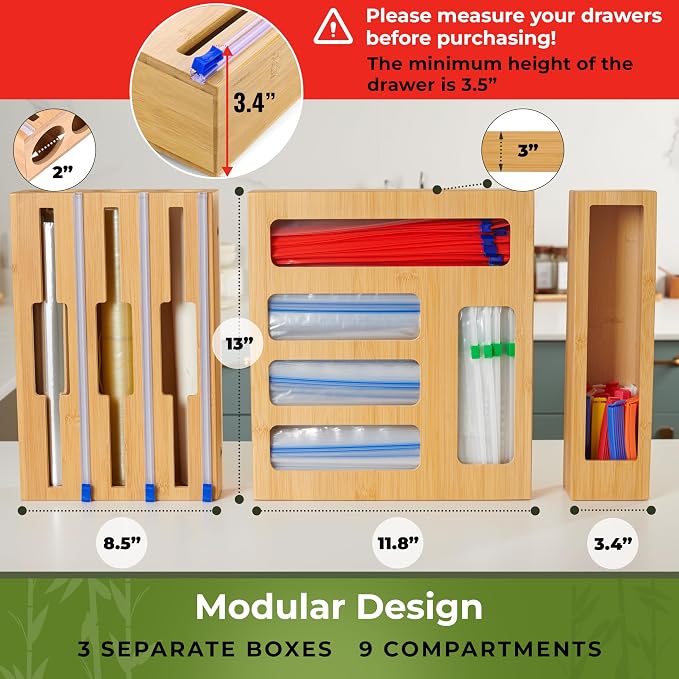 Kitchen Drawer Organizer, 9" 1 Sandwich Storage Bag Organizer & Foil Wrap | Bamboo Storage, Fits Gallon, Quart & Snack Sizes – Wall Mountable, Please Measure Before Ordering