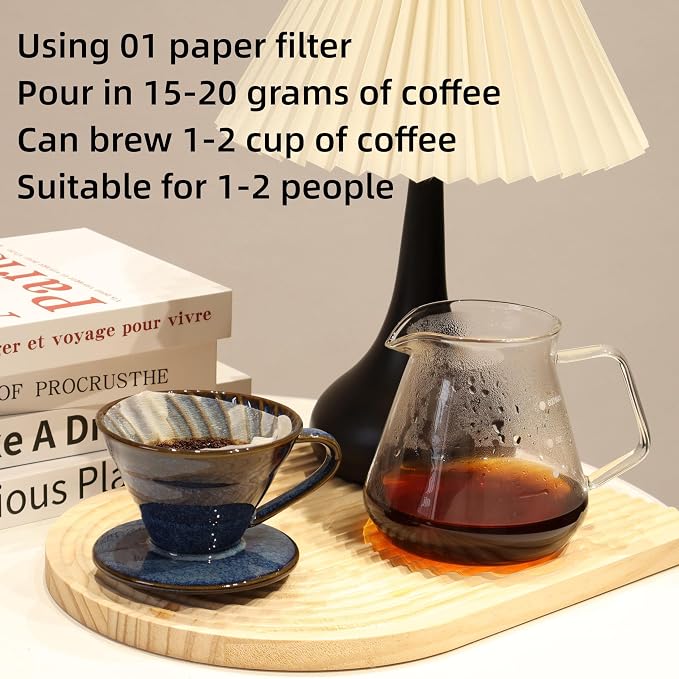 Ceramic Coffee Dripper includes 50 Filters 01 Pour Over Coffee Maker Porcelain V Hand Brewed Set Pottery Artisanal Drip Brew Barista Gift 1 Cup for Single People Travel Camping Office Home