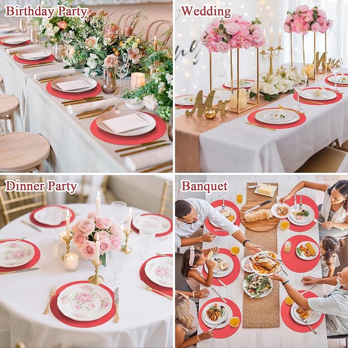 SHACOS 100 pcs Christmas Disposable Round Paper Placemats 13 inch Colored Paper Place Mats for Wedding Birthday Party Bridal Baby Shower Table Decoration, Red