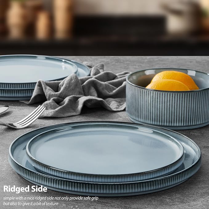 LIANYU Dinnerware Plates and Bowls Dishes Set, 24 Piece Elegant Stoneware Sets with Pasta Bowls for 6, Modern Ribbed Ceramic Dining Ware Dishware for Restaurant Wedding, Dishwasher Safe, Slate Blue