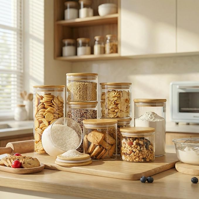 21 oz Glass Jars with Bamboo Lids, Airtight Food Storage Containers, 4 Pack | Round Small Pantry Jars for Spices, Nuts & Seeds , Durable Borosilicate Glass Canisters Keep Food Fresh, Easy to Fill & Clean