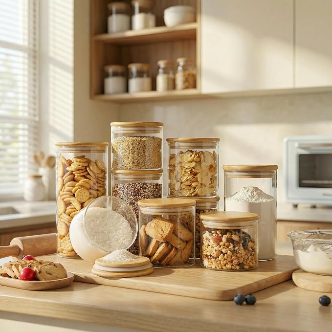 27 oz Glass Jars with Bamboo Lids, Airtight Food Storage Containers, 6 Pack | Pantry Jars for Pasta, Rice, Sugar & Flour, Durable Borosilicate Glass Canisters Keep Food Dry & Fresh, Easy to Fill & Clean