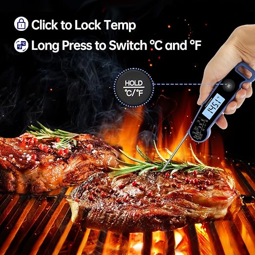 Lonicera Instant-Read Meat Thermometer, 1-Second, IP67 Waterproof, Blue | Thermocouple sensor delivers readings in 1 second with ±0.9°F accuracy, plus IP67 waterproofing, auto-rotate and wake