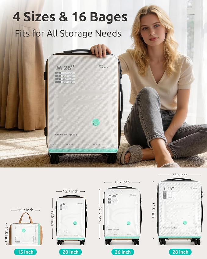 Travel Vacuum Seal Bags with Electric Pump, 16 Pack, Home Seasonal Storage | 4 Sizes, Compression Pack Bag for Clothes, Blankets, Bedding, Pillows, Extra-Thick, Reusable, Luggage & Suitcase Space Saver