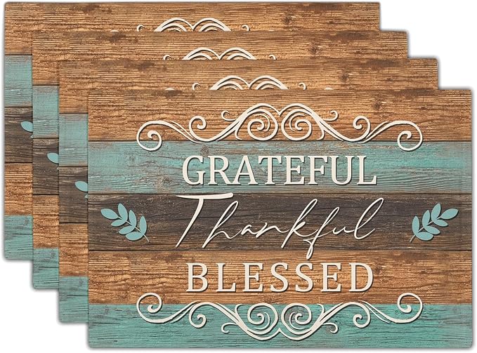 Thankful Placemats Set of 4 18x12 Inch Grateful Blessed Linen Place Mats Heat-Resistant Washable Wipeable Farmhouse Table Mat for Party Kitchen Dining Room Dinner Table Decor
