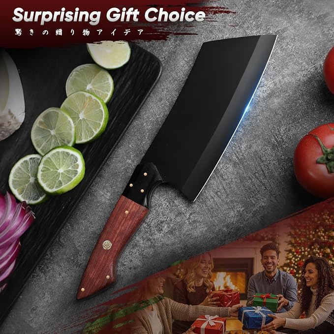 TIVOLI Meat Cleaver Knife 7 inch - Black Butcher Knife for Meat Cutting | German High-carbon Steel, Full Tang, Ergonomic Walnut Handle, Gift Box, Dual-Tech Black Shield