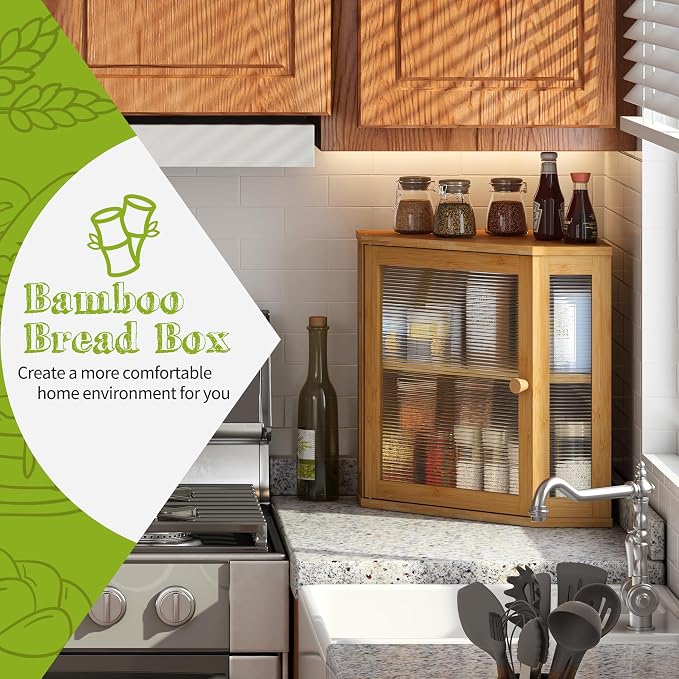 BMOSU Corner Bread Box for Kitchen Countertop Double Layer Bamboo Wooden Bread box Large Capacity Bread Storage Bin(Natural, Medium)