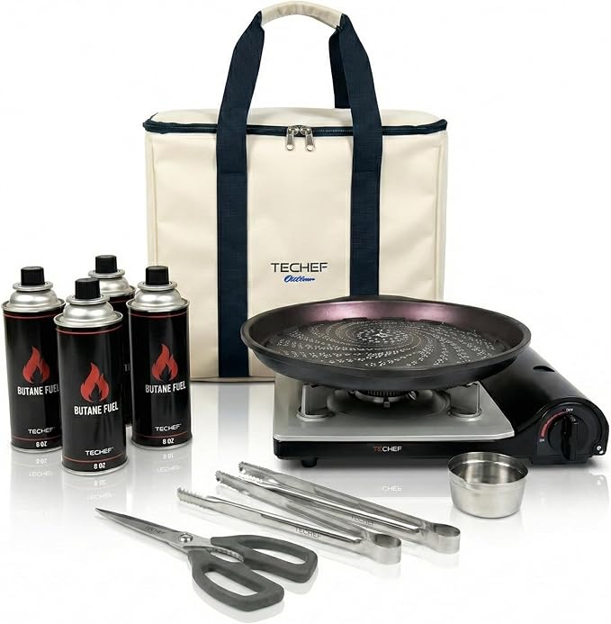 TECHEF - KBBQ Ultimate Set with Korean BBQ Grill Pan, Agni Portable Gas Stove Burner, Carrying Bag, 4 pack Butane Gas, Scissors, 2 BBQ Tongs, Made in Korea