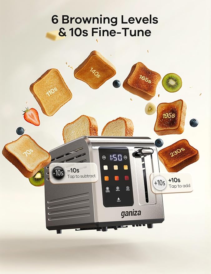 Ganiza Smart Toaster 2 Slice with Touchscreen, Digital Countdown Timer, Touch Screen Toaster Wide Slot, Full Stainless Steel, Defrost Reheat Cancel, +/-10s Fine-Tune, Removable Crumb Tray, Max 925W