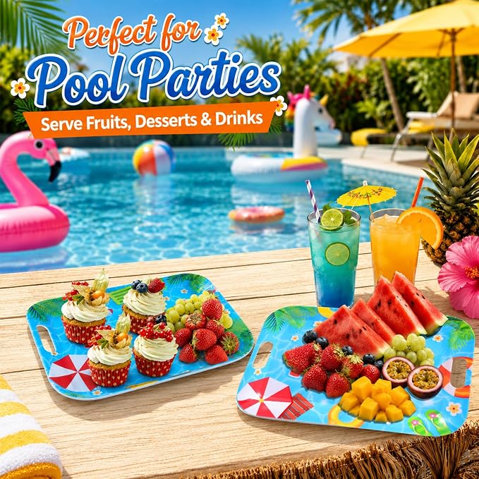 2 Pcs Summer Pool Party Serving Trays with Handles Summer Beach Party Decorations 16 X 11inch Large Melamine Serving Platters for Birthday Baby Shower Hawaiian Tropical Pool Theme Parties Supplies