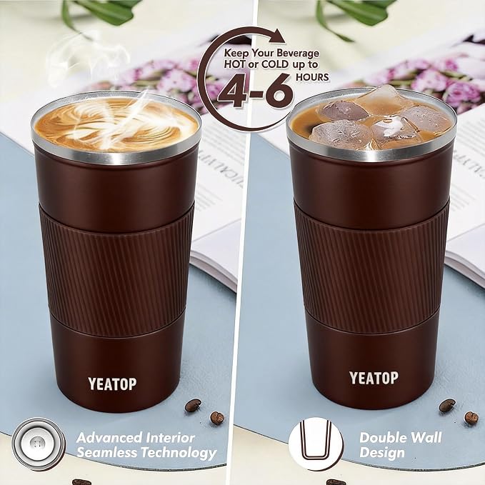 Insulated Travel Coffee Mug 16 oz, Spill Proof Coffee Mug To Go, Leakproof Stainless Steel Coffee Tumblers Reusable Thermal Coffee Cup with Lid for Hot & Cold Drinks (Brown, 510ml)
