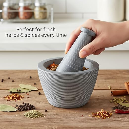 Mortar and Pestle, Made of Heavy Duty Polished Hard Stone, Natural Stone Grinder for Spices, Pastes, Herbs, Seasoning etc. (Rugged, Normal)