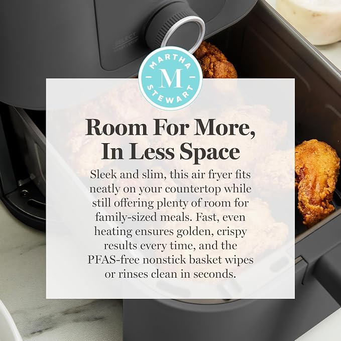 Martha Stewart 6-Quart Air Fryer, 6 Presets, Space Saving, Caviar Gray | 3lb Capacity, PFAS-Free Ceramic Nonstick Basket & Tray, Bake, Roast, Broil, Dehydrate, Reheat, Shake Reminder, Heat up to 400