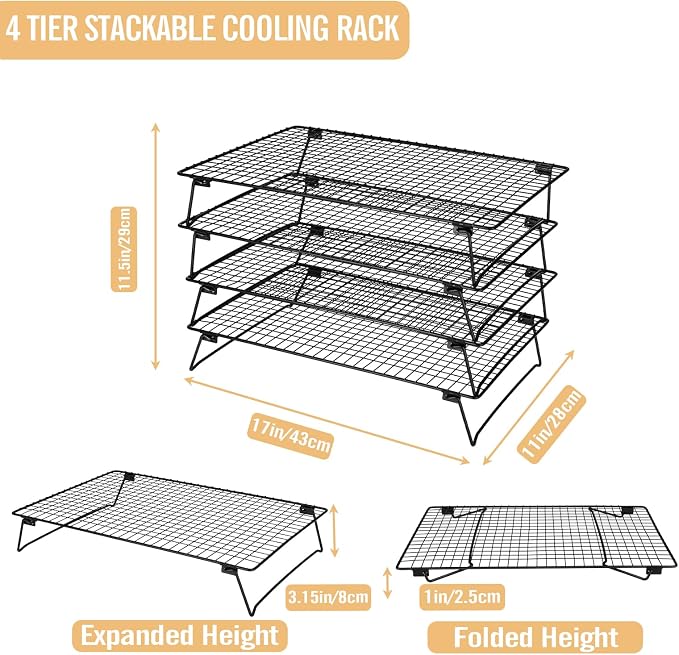 Cooling Rack for Baking 4 Tier, 17" * 11" Cookie Cooling Wire Rack for Roasting Grilling, Stackable Baking Racks for Cooking, Bread, Pizza, Cake, Oven and Dishwasher Safe