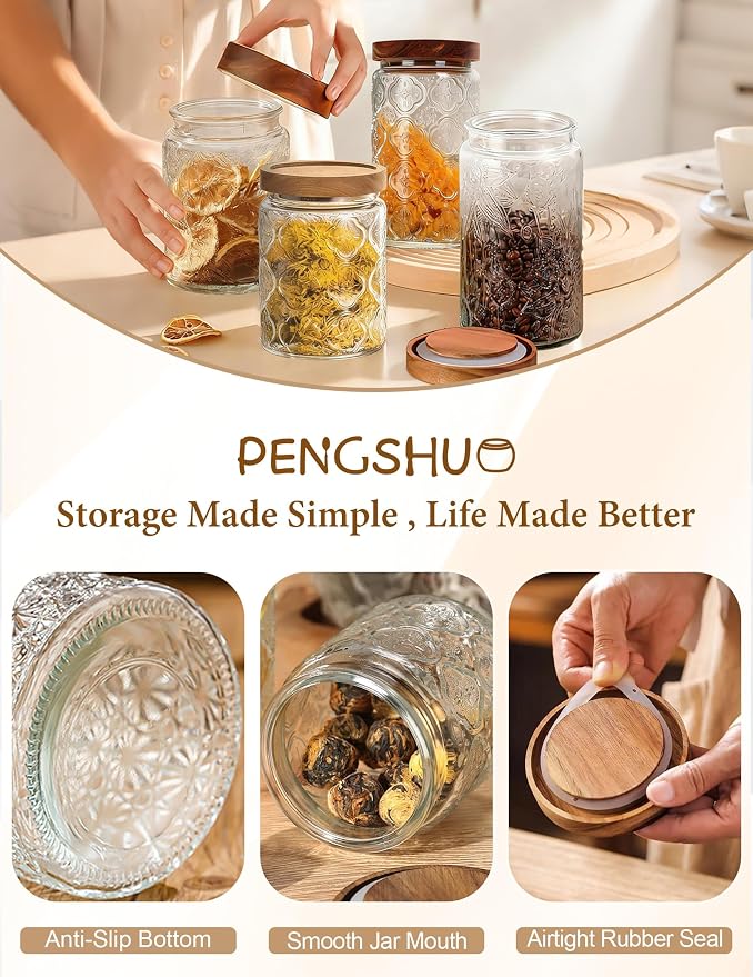 Vintage Glass Jar with Wood Lid - Christmas Airtight Canisters for Kitchen Countertop Bathroom, Storage Candy, Cookie, Coffee, Apothecary, Sugar, Flour,Pet Treat (Begonia, 24oz/700ml)