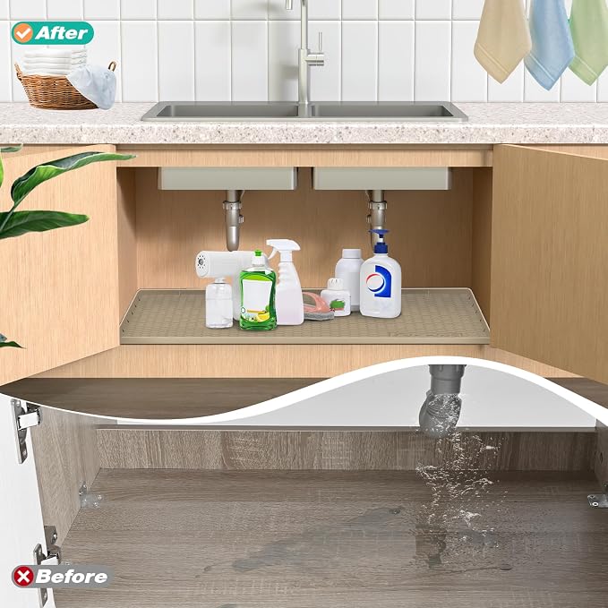 Silicone Under Sink Mat, 34"x19", Waterproof Cabinet Liner, Brown | Shelf Liner, Cabinet Protector, Home Organizer, for Kitchen, Bathroom, Multipurpose, Leak Proof, Easy Clean, Drip Tray, Clean