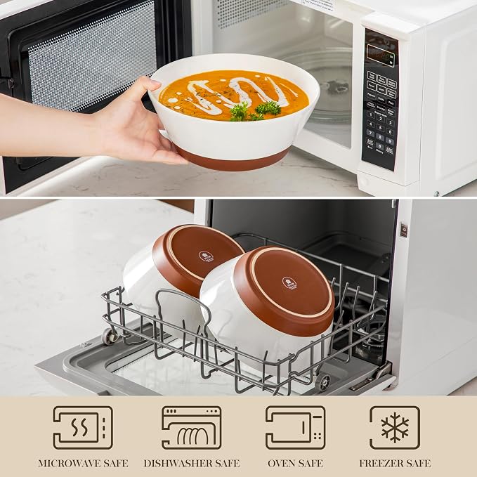 MALACASA Salad Bowls Set of 4, Soup Bowls for Kitchen, 60oz Ceramic Bowl | Large Deep Bowls for Ramen, Cereal, Fruit, Pho and Pasta, Microwave & Dishwasher Safe, Speckled, White & Brown, Series TARA